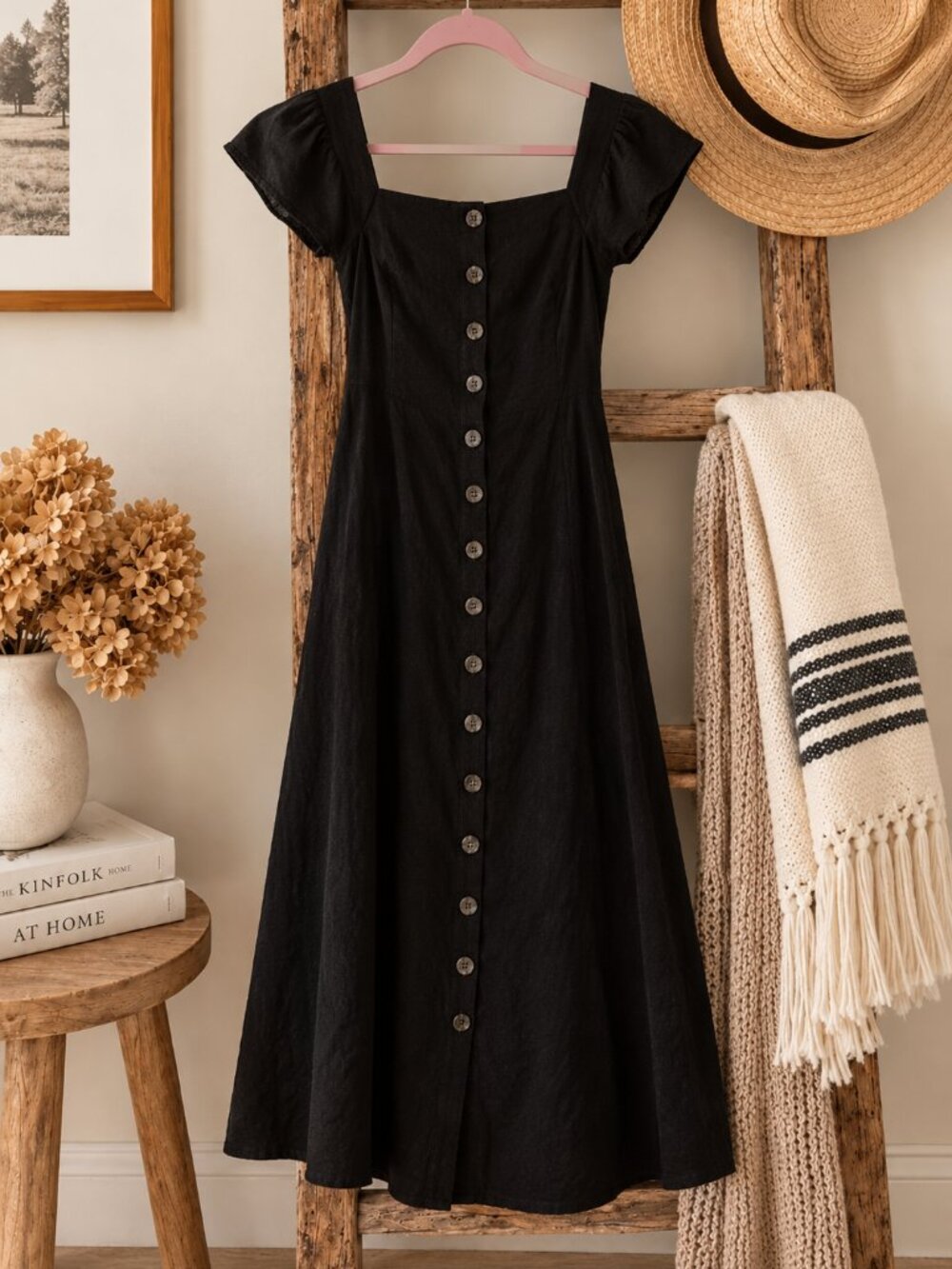 Anthropologie Oahu Black Linen Blend Button Front Midi Dress 4P